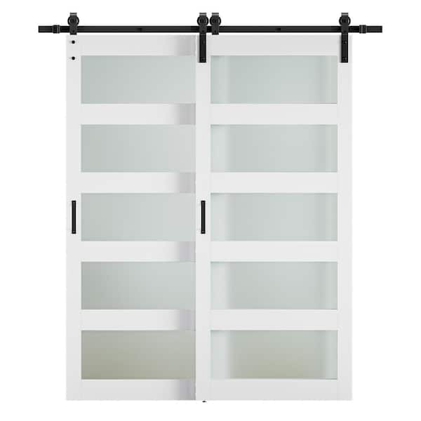 SOCBAZZAR 80 in. x 84 in. Bypass 5-Lite Frosted Glass White Prefinished MDF Interior Double Sliding Barn Door with Hardware Kit