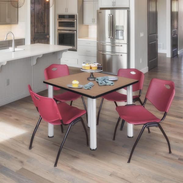 Kee 42 in. Noble Oak Square Breakroom Table Desk and 4 'M' Stack Chairs-Burgundy