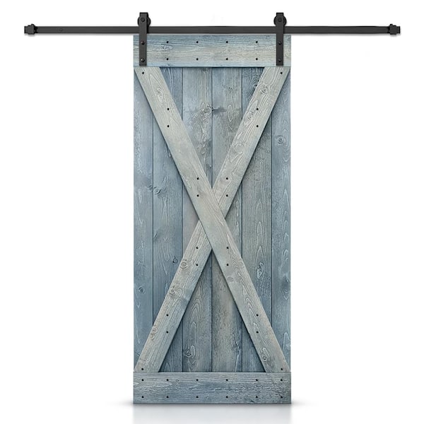 CALHOME X Series 36 in. x 84 in. Pre-Assembled Denim Blue Stained Wood Interior Sliding Barn Door with Hardware Kit