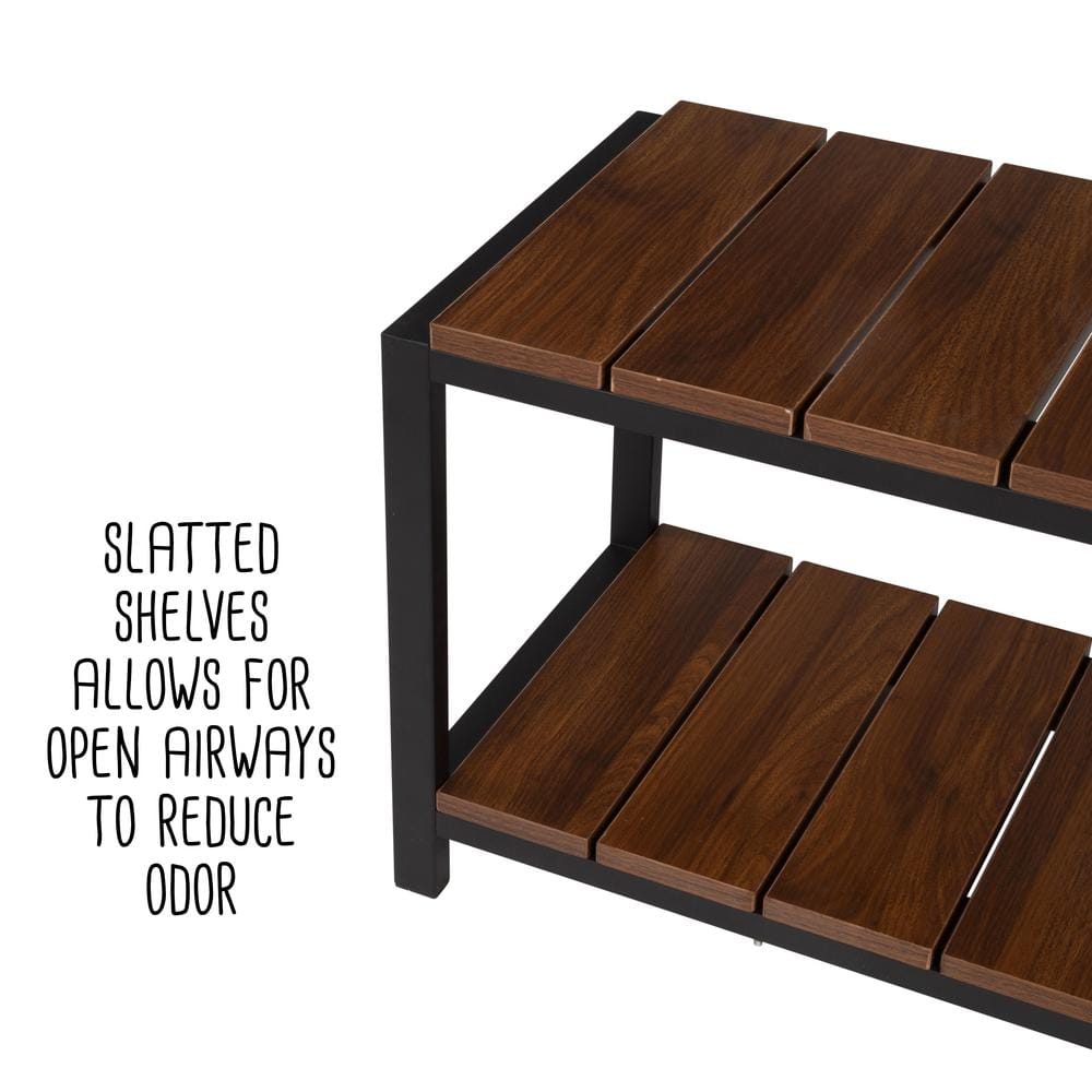 Walnut and Black 2-Tier Shoe Storage Bench with Seating