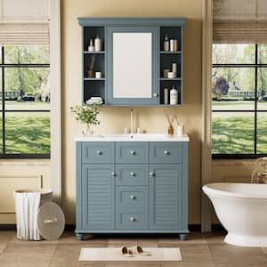 36 in. W x 18 in. D x 33 in. H Single Sink Freestanding Bath Vanity in Blue with Cultured Marble Top and Mirror Cabinet