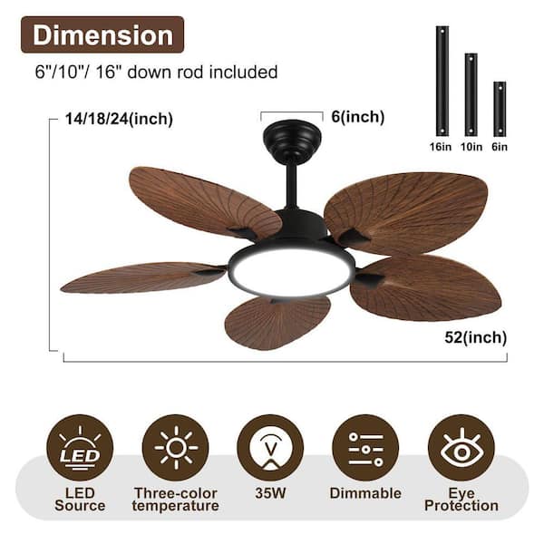 ONEMIX 52 in. Indoor Black Retro 5 Palm Leaf Shaped Blades Ceiling