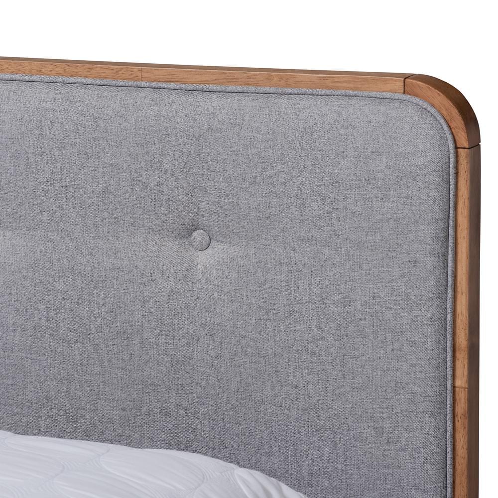 King Light Gray and Walnut Upholstered Platform Bed with Tufted Headboard