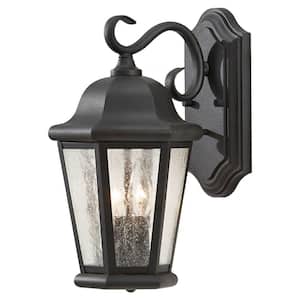 Martinsville 8 in. W 2-Light Black Outdoor 14.5 in. Wall Lantern Sconce with Clear Seeded Glass Panels
