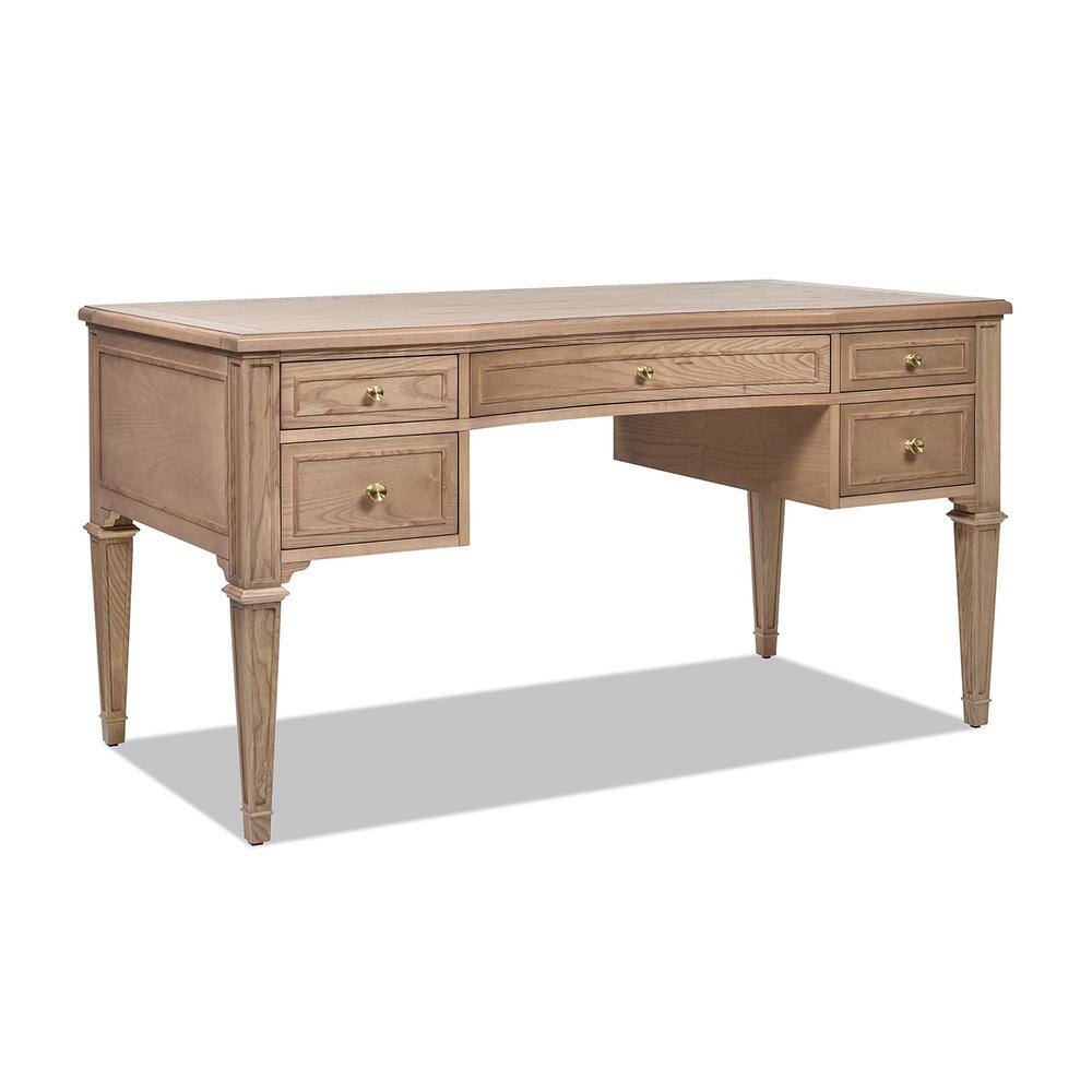 Natural Brown Wood Executive Desk with Gold Accents and Drawers