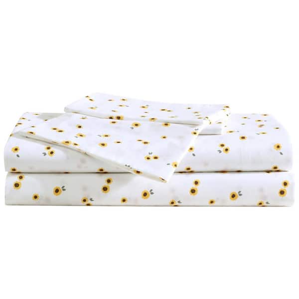 Eddie Sunflower 4-Piece Yellow/White Cotton King Sheet Set