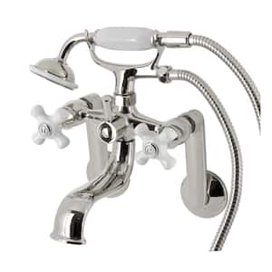 Kingston 3-Handle Wall-Mount Clawfoot Tub Faucet with Hand Shower in Polished Nickel
