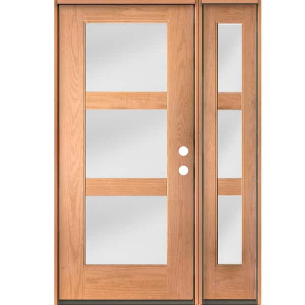 Krosswood Doors BRIGHTON Modern 50 in. x 80 in. 3-Lite Left-Hand Inswing Satin Etched Glass Teak Stain Fiberglass Prehung Front Door RSL