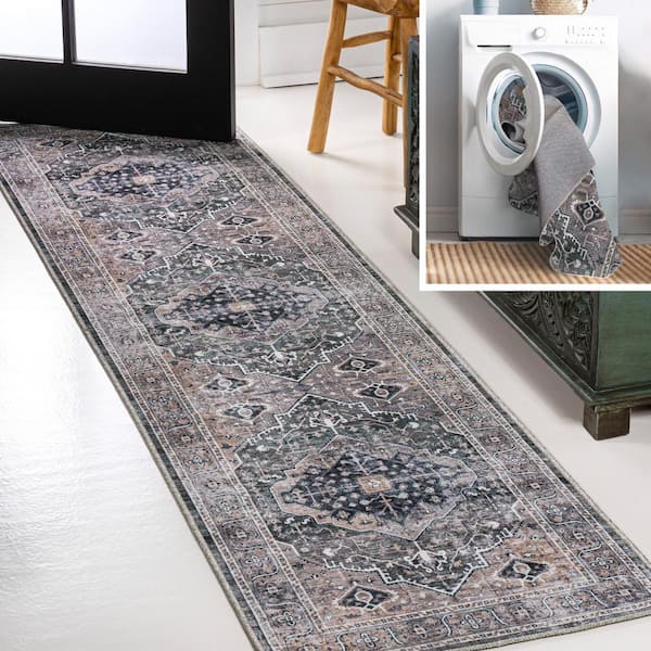 Alacati Ogee Medallion Machine-Washable Dark Green/Dark Beige 2 ft. x 8 ft. Runner Rug
