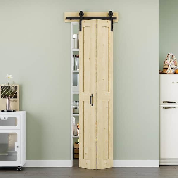 25 in. x 84 in. Paneled H Shape Solid Pine Wood Unfished Bi-fold Sliding Barn Door with Hardware Kit and Headerboard