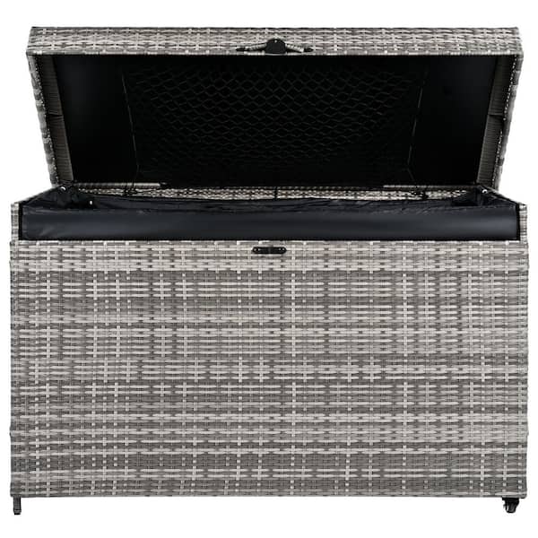 maocao hoom 230 Gallon Wicker Deck Box with Wheels, All-Weather Outdoor Storage Box, Rattan Storage Bin, Gray
