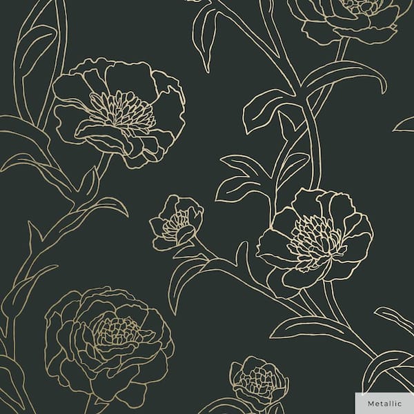 Black and Metallic Gold Peonies Vinyl Peel and Stick Wallpaper Roll (Covers 56 sq. ft.)