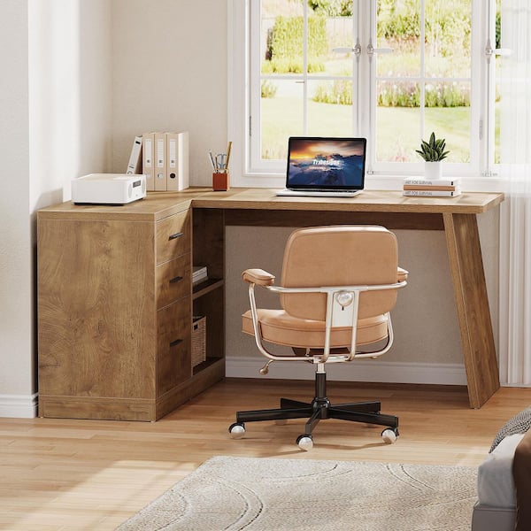 BYBLIGHT Moronia 55 in. L-Shaped Wood Grain MDF Computer Desk with File Drawer and Open Shelf, Study Writing Table