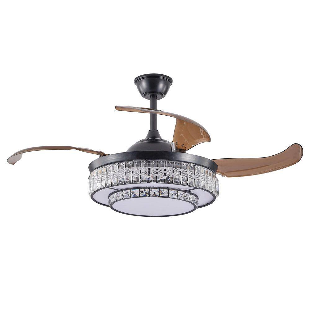 48 in. 4-Blade Black Contemporary Crystal LED Retractable Ceiling Fan with Light and Remote, 6-Speed DC for Bedroom price history on PriceWatchPro