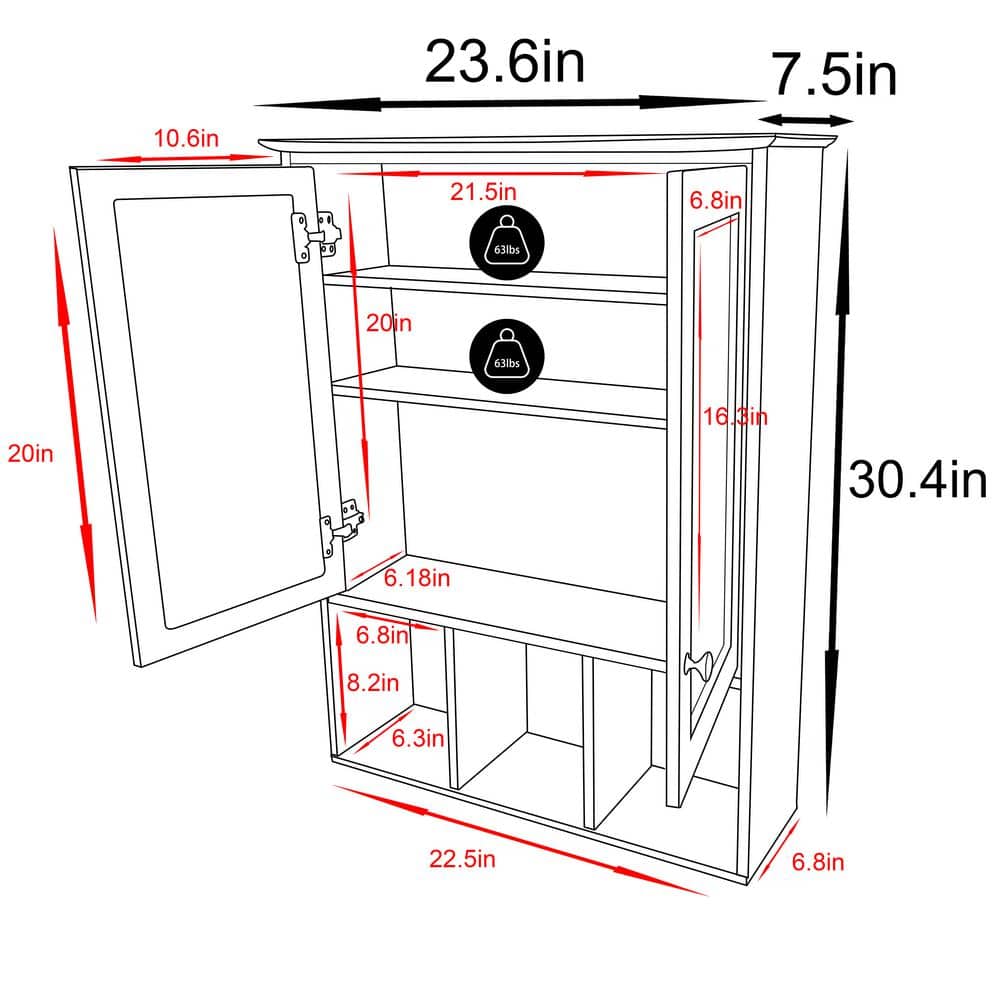 Gray MDF Oversized Bathroom Medicine Cabinet with Mirrors and Adjustable Shelves
