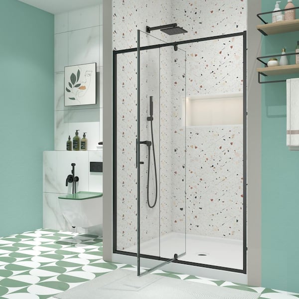 56-60 in. W x 71 in. H Pivot Framed Swing Sliding Shower Door Clear Tempered Glass Matte Black, Reversible Installation
