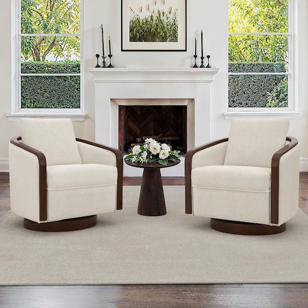 Dove Linen Color Fabric Swivel Accent Chair With Solid Wood Base Barrel Chair With Arms Set of 2