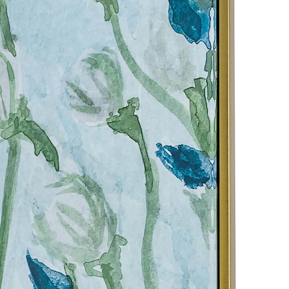 Large Blue and White Floral Canvas Painting with Brown Frame
