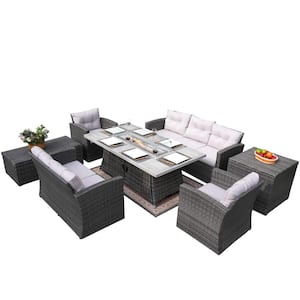 Jessica 7-Piece Wicker Patio Conversation Set with Gray Cushions with Firepit Table