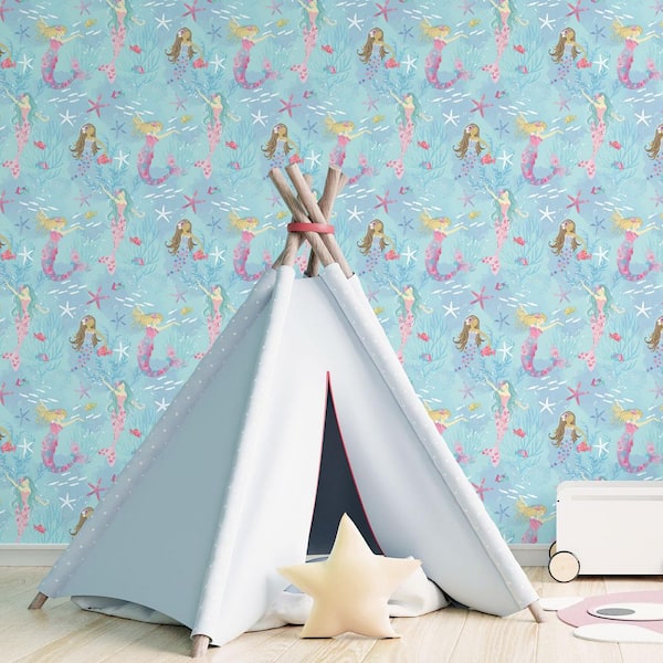 Tiny Tots 2-Collection Turquoise/Hot Pink Glitter Finish Kids Mermaid Design Non-Woven Paper Wallpaper Roll