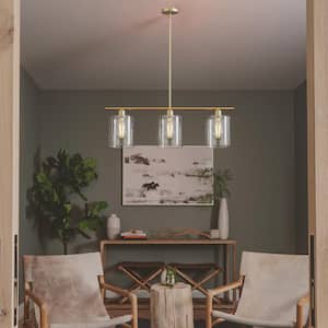 3-Light Gold Modern Kitchen Island Pendant Light Fixtures, Linear Hanging Light Chandelier Clear Glass Shade