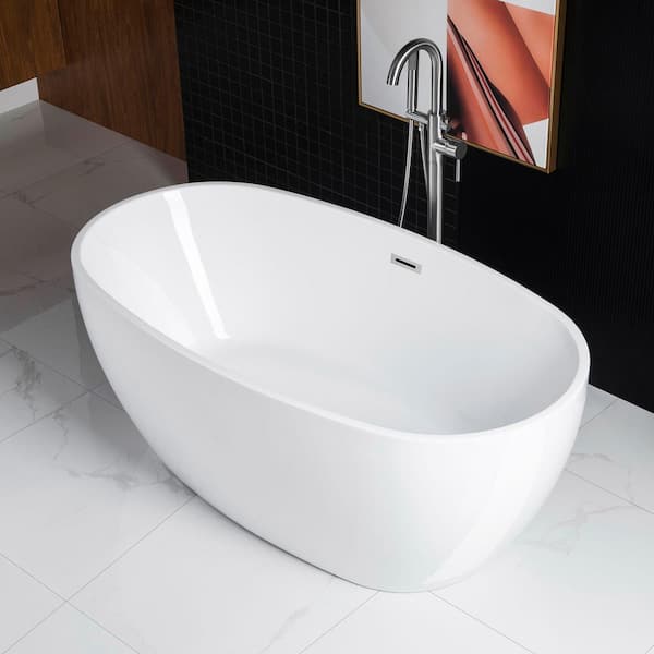 Rouen 59 in. Acrylic FlatBottom Double Ended Bathtub with Chrome Overflow and Drain Included in White