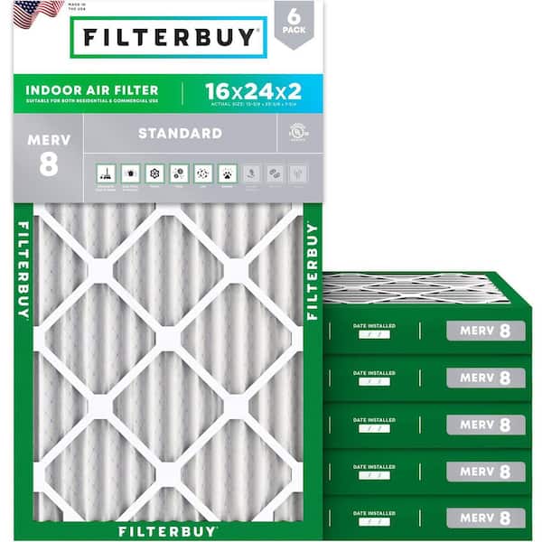 16 in. x 24 in. x 2 in. MERV 8 (FPR 5) Dust Defense Pleated HVAC AC Furnace Air Filters Replacement (6-Pack)