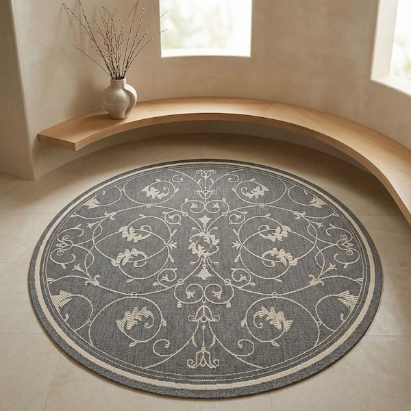 Recife Veranda 8 ft. Round Ivory-Silver Floral Indoor/Outdoor Area Rug