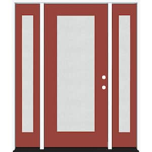 Legacy 64 in. x 80 in. Full Lite Rain Glass LHIS Primed Morocco Red Finish Fiberglass Prehung Front Door w/Dbl 12 in. SL