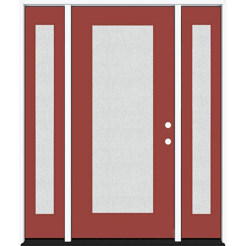 Legacy 68 in. x 80 in. Full Lite Rain Glass LHIS Primed Morocco Red Finish Fiberglass Prehung Front Door w/Dbl 14 in. SL