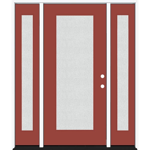 Legacy 68 in. x 80 in. Full Lite Rain Glass LHIS Primed Morocco Red Finish Fiberglass Prehung Front Door w/Dbl 14 in. SL
