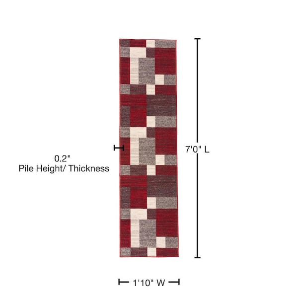 Geometric Boxes Design Non-Slip (Non-Skid) Red 1 ft. 10 in. x 7 ft. Indoor Runner Rug