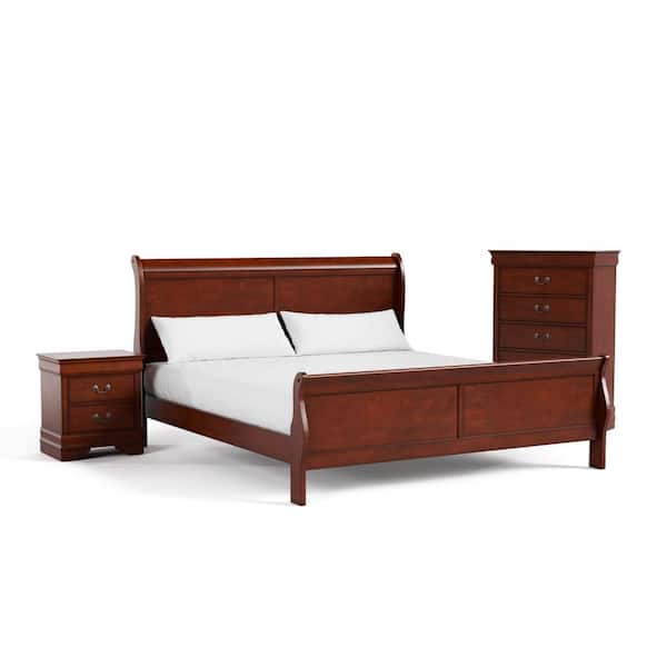 3-Piece Burkhart Cherry Wood King Bedroom Set Bed and Nightstand With Chest