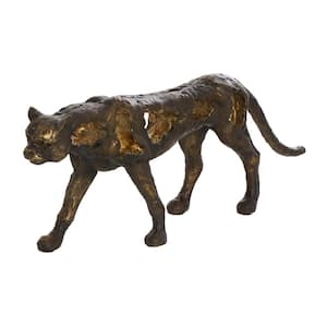 Bronze Polystone Distressed Textured Leopard Sculpture with Cutouts and Gold Accents