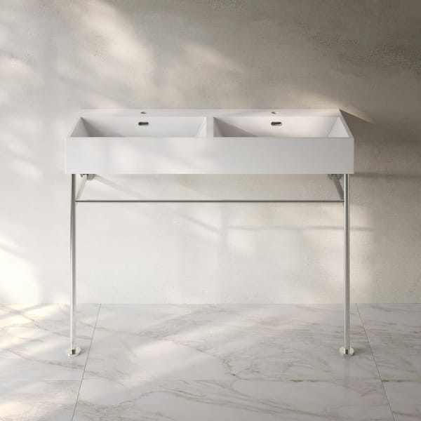 Swiss Madison Claire 48 in. Ceramic Double Basin White Console Sink with Polished Chrome Legs
