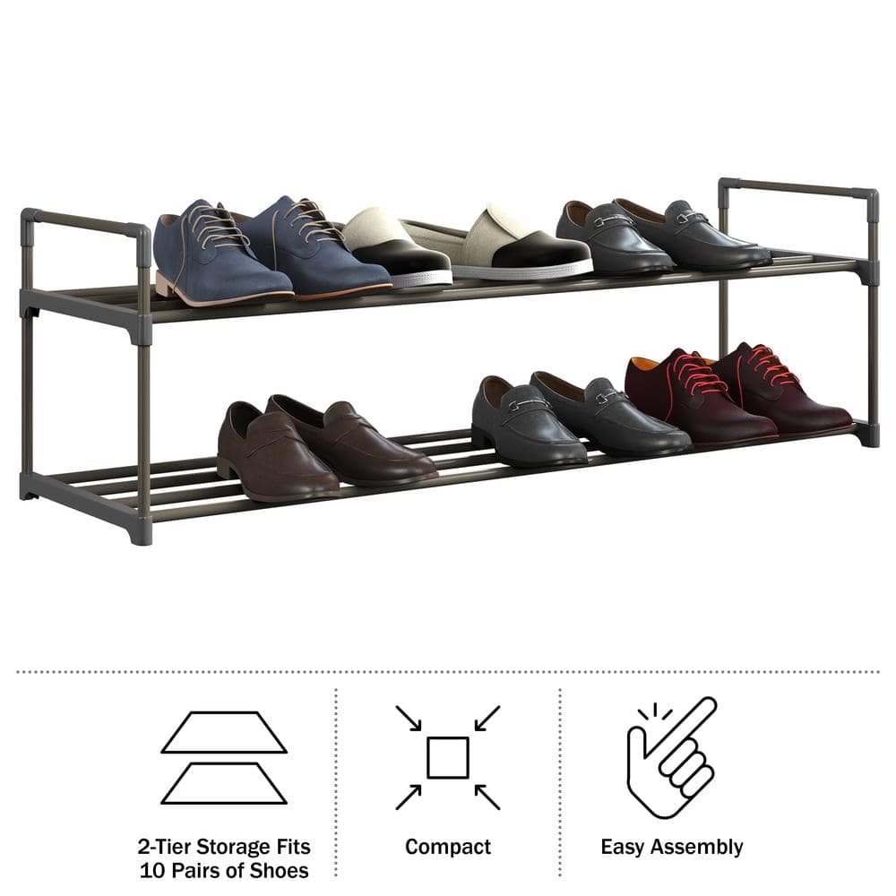 Gray 2-Tier Plastic Shoe Rack Organizer