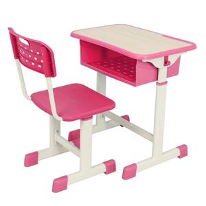 23.6 in. Adjustable Rectangle Pink Wood Student Desk and Chair Kit