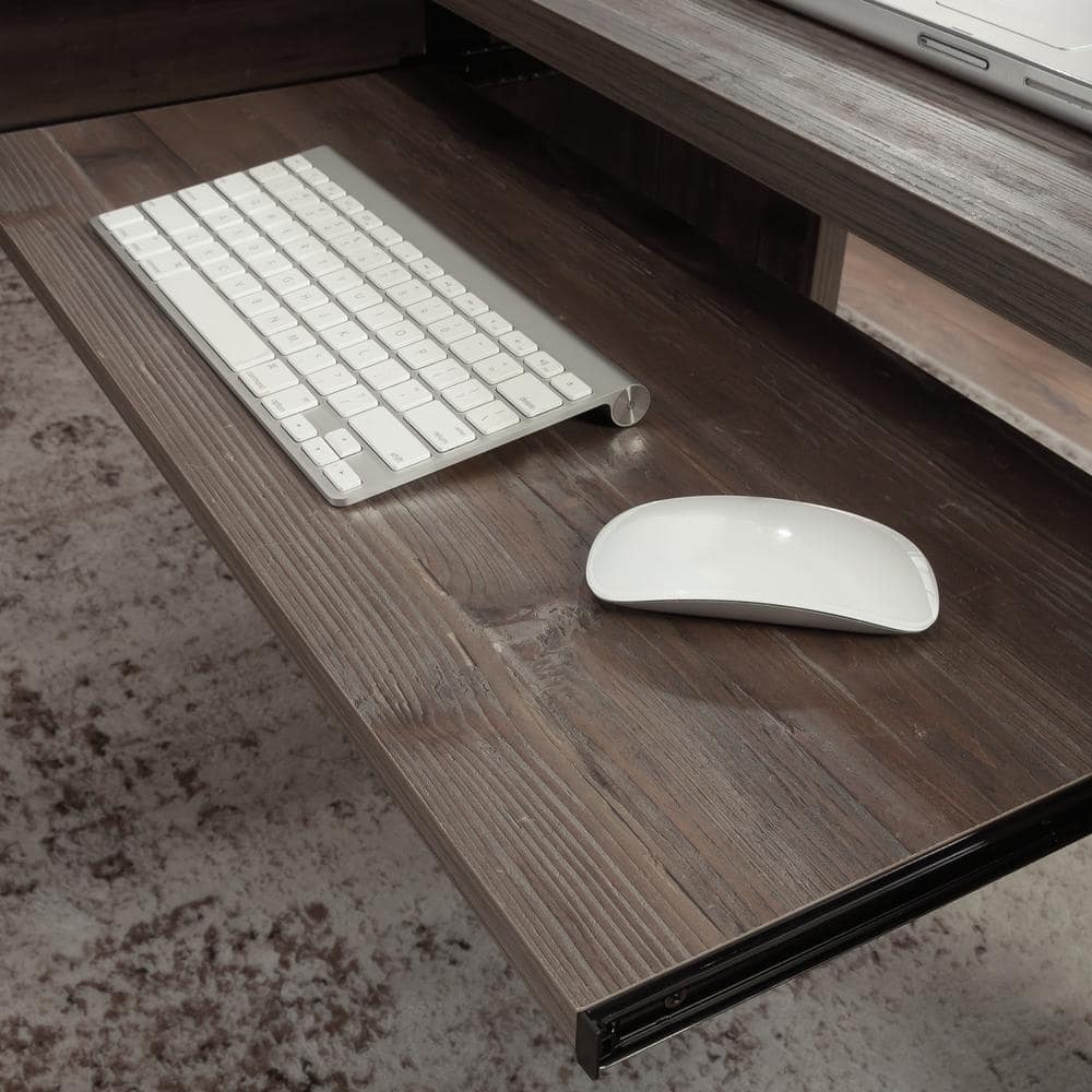 66" Brown Wood L-Shaped Desk with Drawers and Keyboard Tray