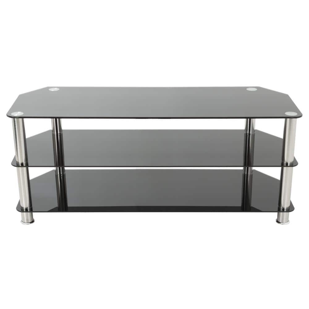 Black Stainless Steel and Glass Corner TV Stand with Cabinet