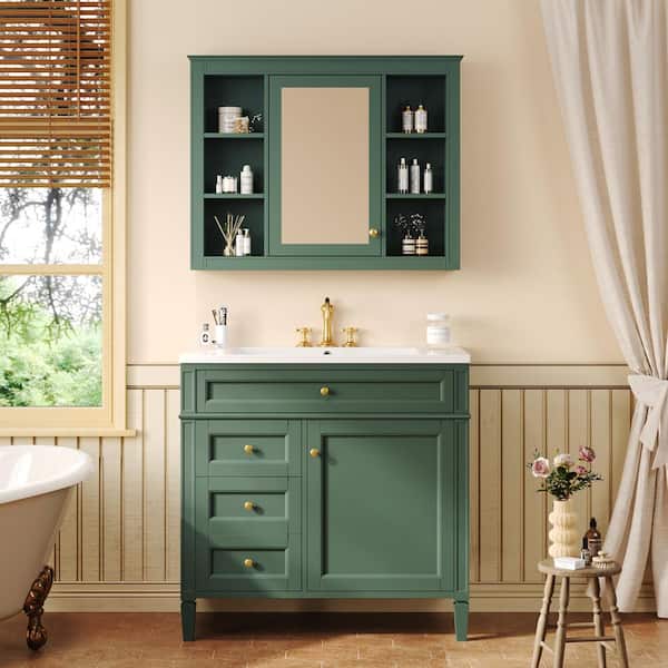 36 in. W x 24 in. H Rectangular Surface Mount Medicine Cabinet with Mirror, Include Bathroom Vanity, Green