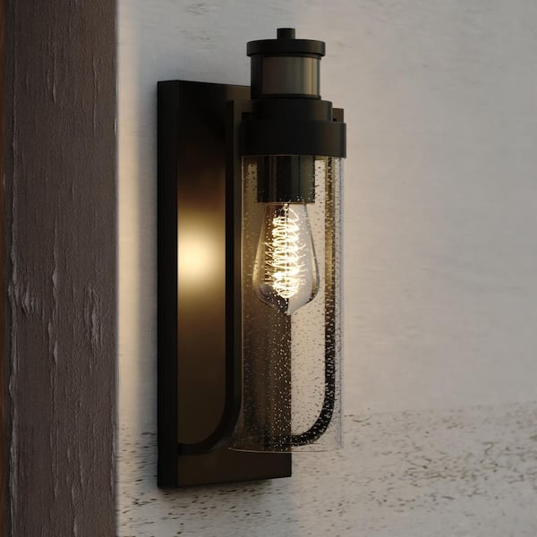 dualux Lawton Steel LED Compatible Black Motion Sensor Dusk to Dawn Outdoor Wall Light Transitional Clear Glass