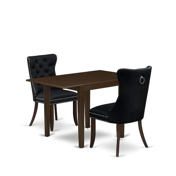 East West Furniture 3-Piece Mahogany Finish Rectangular Solid Wood Top with Dropleaf Dining Table Set