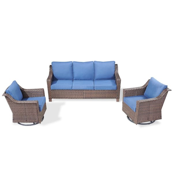 SlideArm Brown 3-Piece Wicker Swivel Glider Patio Conversation Set, Sofa Seating Set with Olefin Navy Blue Cushions