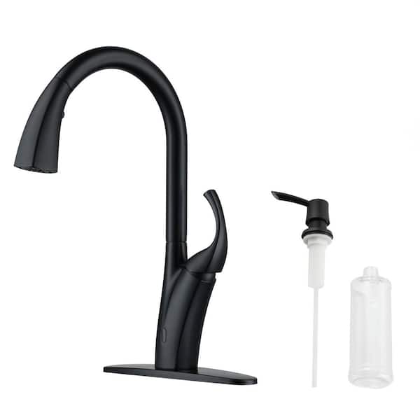 Mondawe Single Handle Pull Down Sprayer Kitchen Faucet with Deckplate in Matte Black