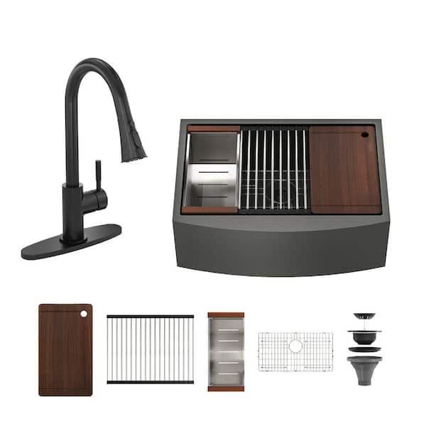 33 in. Undermount Single Bowl 18-Gauge Black PVD Stainless Steel Kitchen Sink with Matte Black Faucet and Accessories