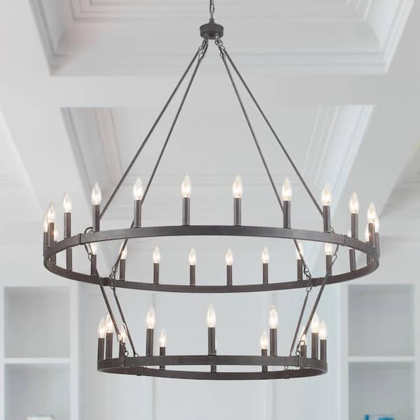36-Light Farmhouse Antique Black Candle Design Wagon Wheel Chandelier 2-Tier Ceiling Light Fixture for Kitchen Island