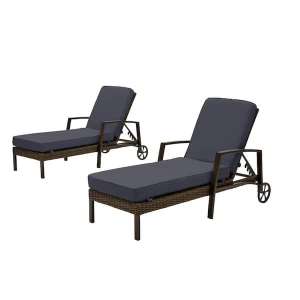 Hampton Bay Whitfield Dark Brown Wicker Outdoor Patio Chaise Lounge with CushionGuard Midnight Navy Blue Cushions (2-Pack)