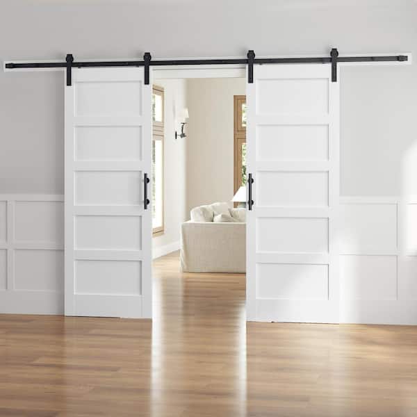64 in. x 84 in. (Double 32 in. Doors) 5-Panel Solid MDF White Finished Interior Sliding Barn Door with Hardware Kit
