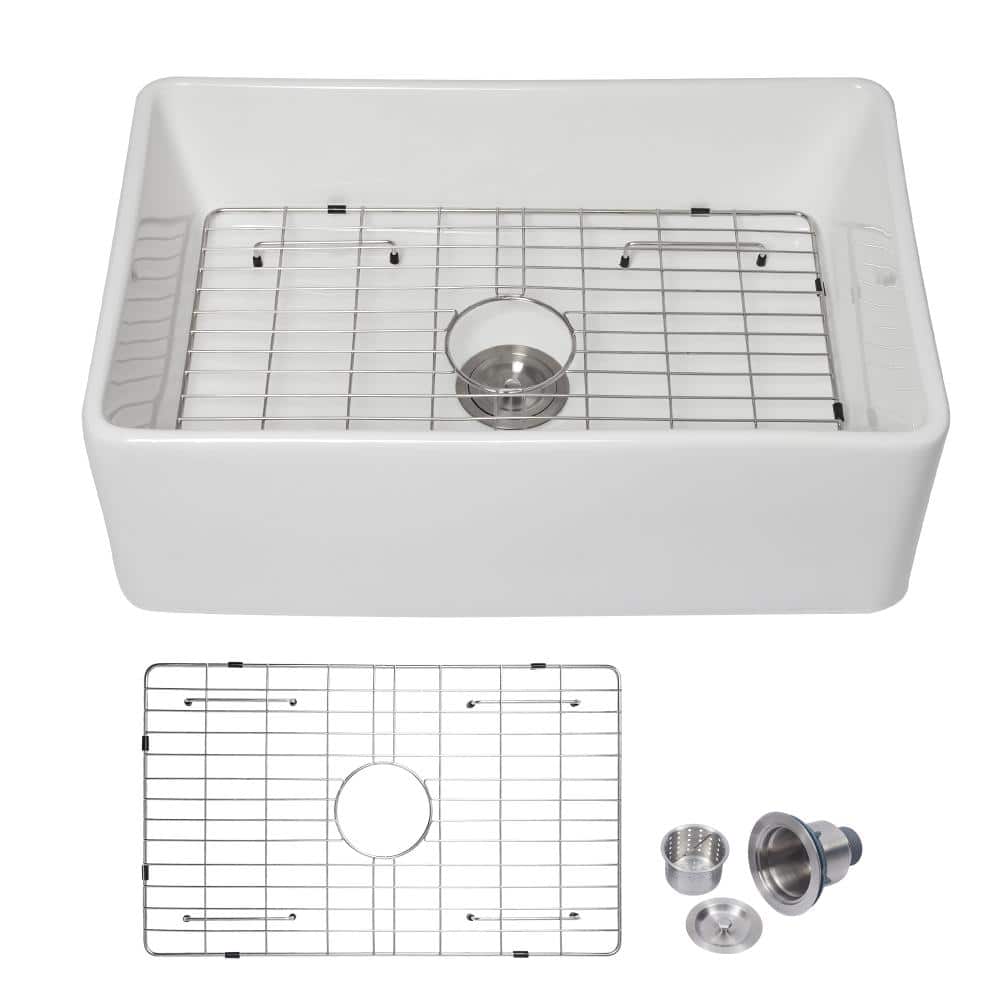 33 in. White Single Bowl Apron Front Farmhouse Kitchen Sink in Ceramic with Bottom Grid and Basket Strainer price history on PriceWatchPro