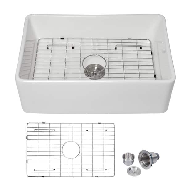 33 in. White Single Bowl Apron Front Farmhouse Kitchen Sink in Ceramic with Bottom Grid and Basket Strainer
